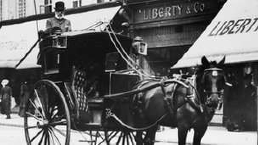 A Hansom cab is a type of horse-drawn carriage first designed and